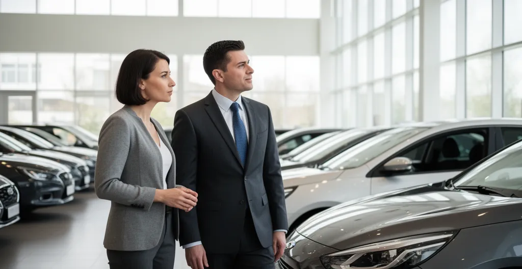 Client et vendeur debout côte à côte regardant un véhicule dans un showroom moderne
