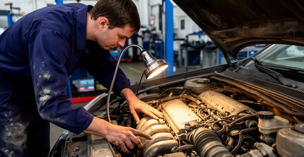 Technicien examinant le compartiment moteur d'un véhicule avec une lampe d'inspection