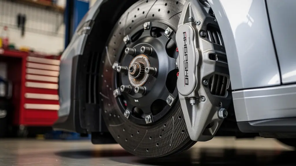 Gros plan sur un disque de frein céramique carbone de supercar haute performance