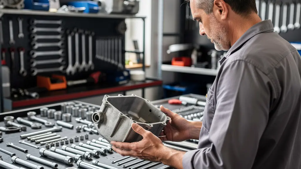 Mécanicien spécialisé examinant un composant automobile sur établi avec outils dédiés