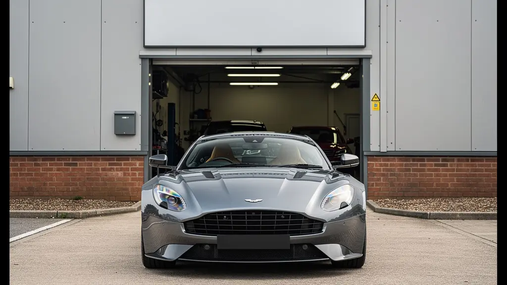 Supercar britannique stationnée devant l'entrée d'un garage spécialiste indépendant